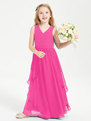 Boho Sleeveless Junior Chiffon Bridesmaids Gown Fuchsia