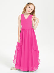 Boho Sleeveless Junior Chiffon Bridesmaids Gown Fuchsia