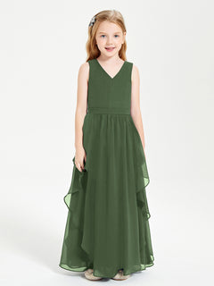 Boho Sleeveless Junior Chiffon Bridesmaids Gown Olive Green