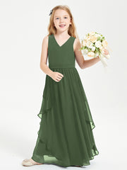 Boho Sleeveless Junior Chiffon Bridesmaids Gown Olive Green