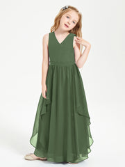 Boho Sleeveless Junior Chiffon Bridesmaids Gown Olive Green