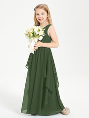 Boho Sleeveless Junior Chiffon Bridesmaids Gown Olive Green