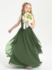 Boho Sleeveless Junior Chiffon Bridesmaids Gown Olive Green