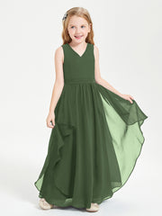 Boho Sleeveless Junior Chiffon Bridesmaids Gown Olive Green