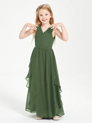 Boho Sleeveless Junior Chiffon Bridesmaids Gown Olive Green