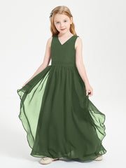 Boho Sleeveless Junior Chiffon Bridesmaids Gown Olive Green