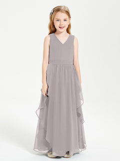 Boho Sleeveless Junior Chiffon Bridesmaids Gown Silver