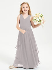 Boho Sleeveless Junior Chiffon Bridesmaids Gown Silver