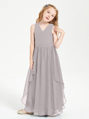 Boho Sleeveless Junior Chiffon Bridesmaids Gown Silver