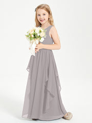 Boho Sleeveless Junior Chiffon Bridesmaids Gown Silver