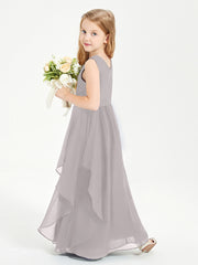 Boho Sleeveless Junior Chiffon Bridesmaids Gown Silver