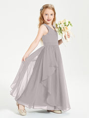 Boho Sleeveless Junior Chiffon Bridesmaids Gown Silver