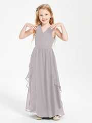Boho Sleeveless Junior Chiffon Bridesmaids Gown Silver