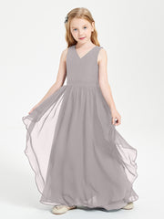 Boho Sleeveless Junior Chiffon Bridesmaids Gown Silver
