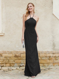 Floor-length Lace Sheath Dress Halter Neck Black