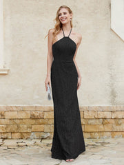 Floor-length Lace Sheath Dress Halter Neck Black