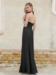Floor-length Lace Sheath Dress Halter Neck Black