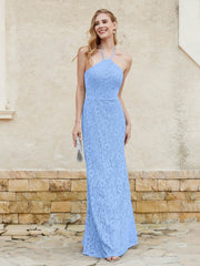 Floor-length Lace Sheath Dress Halter Neck Blue Plus Size