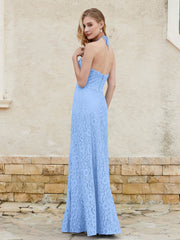 Floor-length Lace Sheath Dress Halter Neck Blue Plus Size