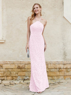 Floor-length Lace Sheath Dress Halter Neck Blushing Pink