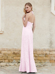 Floor-length Lace Sheath Dress Halter Neck Blushing Pink