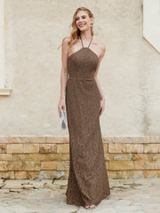 Floor-length Lace Sheath Dress Halter Neck Brown