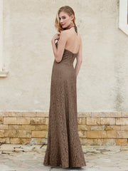 Floor-length Lace Sheath Dress Halter Neck Brown
