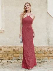 Floor-length Lace Sheath Dress Halter Neck Burgundy