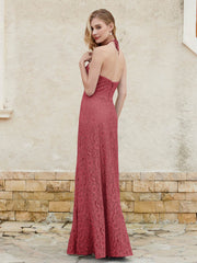 Floor-length Lace Sheath Dress Halter Neck Burgundy