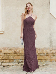 Floor-length Lace Sheath Dress Halter Neck Cabernet Plus Size