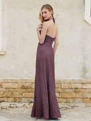 Floor-length Lace Sheath Dress Halter Neck Cabernet Plus Size