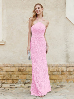 Floor-length Lace Sheath Dress Halter Neck Candy Pink