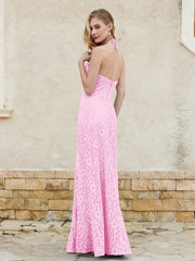 Floor-length Lace Sheath Dress Halter Neck Candy Pink