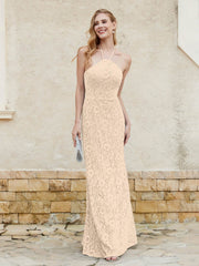 Floor-length Lace Sheath Dress Halter Neck Champagne