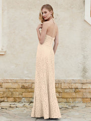 Floor-length Lace Sheath Dress Halter Neck Champagne