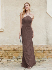 Floor-length Lace Sheath Dress Halter Neck Chocolate