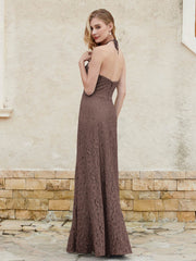 Floor-length Lace Sheath Dress Halter Neck Chocolate