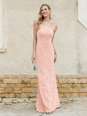 Floor-length Lace Sheath Dress Halter Neck Coral