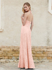 Floor-length Lace Sheath Dress Halter Neck Coral