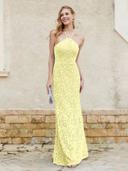 Floor-length Lace Sheath Dress Halter Neck Daffodil Plus Size
