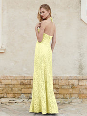 Floor-length Lace Sheath Dress Halter Neck Daffodil