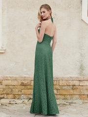 Floor-length Lace Sheath Dress Halter Neck Dark Green