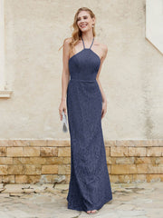 Floor-length Lace Sheath Dress Halter Neck Dark Navy