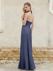 Floor-length Lace Sheath Dress Halter Neck Dark Navy