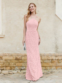 Floor-length Lace Sheath Dress Halter Neck Dusty Rose