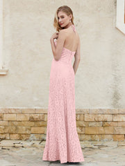 Floor-length Lace Sheath Dress Halter Neck Dusty Rose