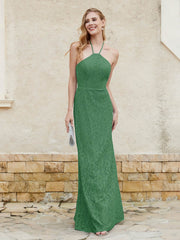 Floor-length Lace Sheath Dress Halter Neck Emerald
