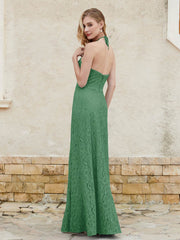 Floor-length Lace Sheath Dress Halter Neck Emerald