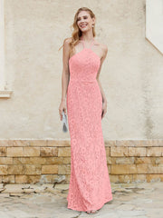 Floor-length Lace Sheath Dress Halter Neck Flamingo