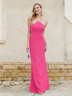 Floor-length Lace Sheath Dress Halter Neck Fuchsia